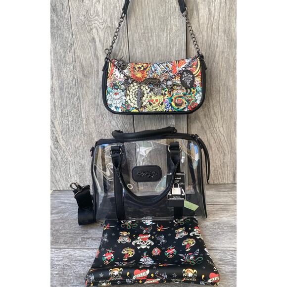 Ed Hardy Tattoo Print crossbody & Clear Satchel Bag Set - Picture 1 of 11